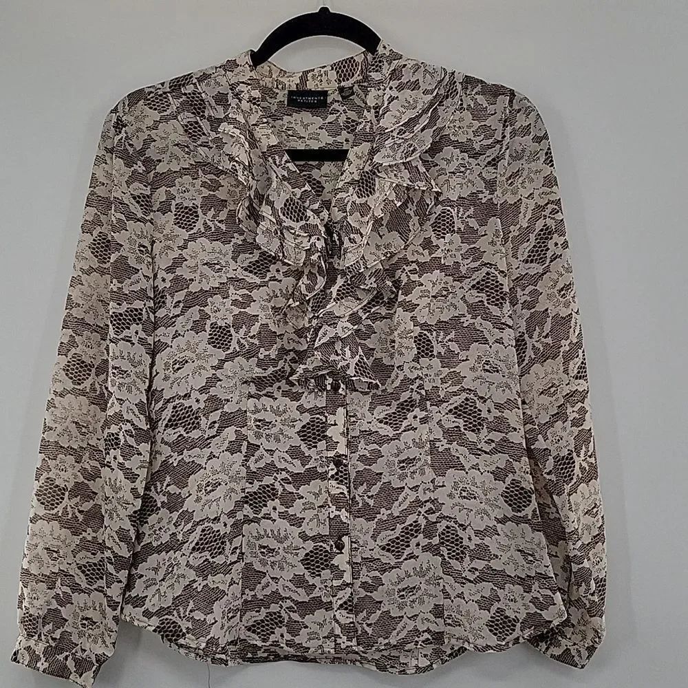 3For$20 Investments Petites Brown&Cream sheer flower top size 4P